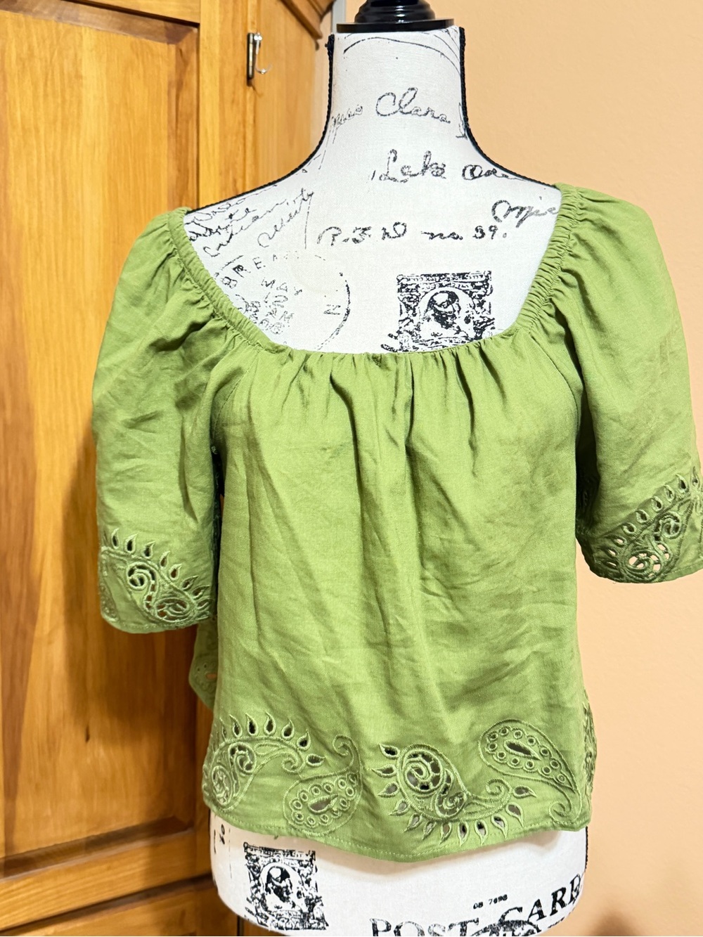 Rachel Zoe Olive Green Embroidered Scoop Neck Blouse